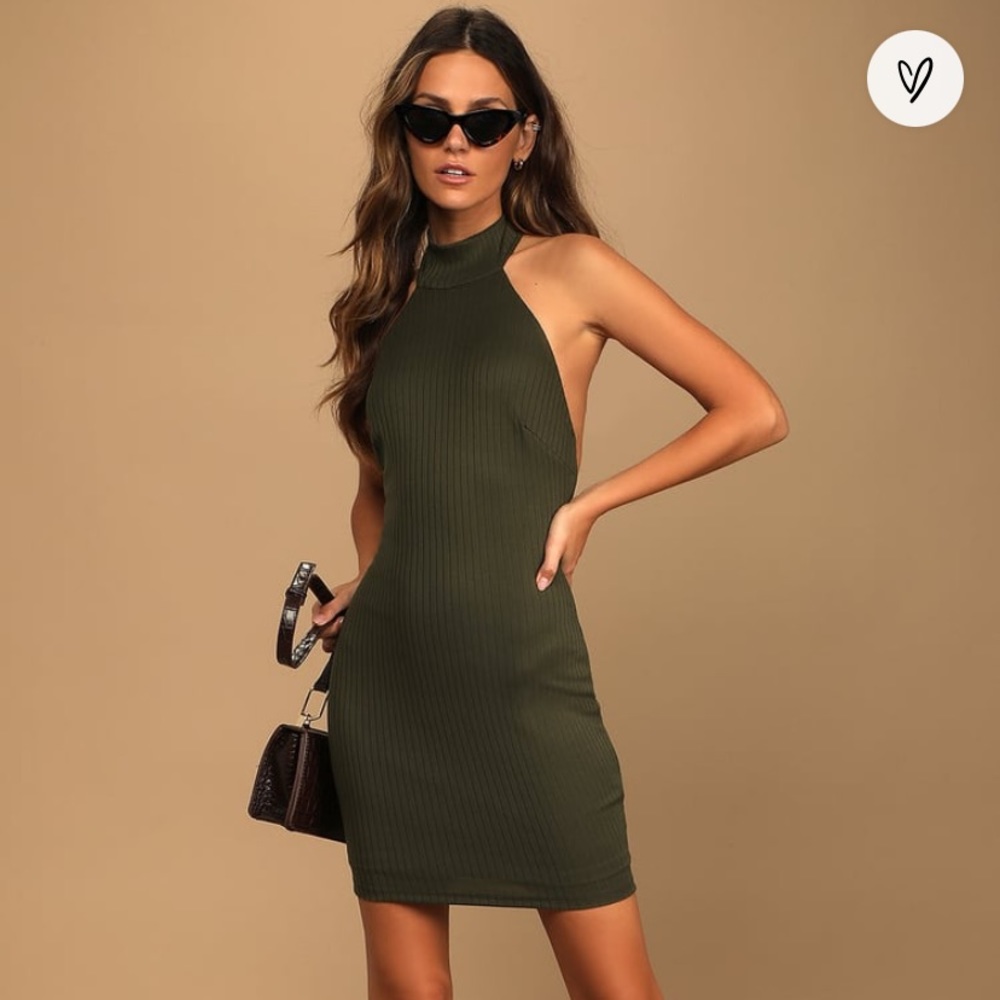 Lulu’s Olive Green Ribbed Halter Bodycon Mini dress